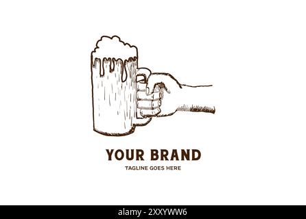 Vintage Retro Hand Drawn Hand Hold Beer Cup Glass Logo Design Vector Stock Vector