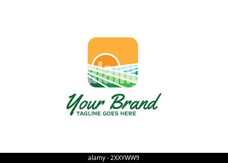 Simple Square Sunrise Land Landscape for Farm or Environment Logo Design Vector Stock Vector