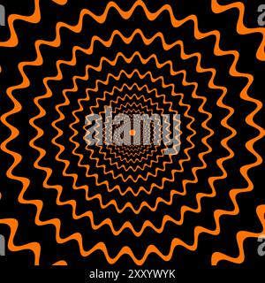 Psychedelic hypnotic Halloween spiral pattern. Mesmerizing vector background with black and orange wavy lines gradually narrow towards the center dot, creating visual illusion and movement effect Stock Vector