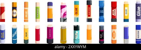 Glue stick icons set. Set of different colorful glue sticks with cap on, for school or office Stock Vector