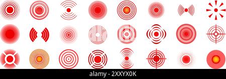 Pain red circle icons set. Set of pain red circle targeting spots indicating sore body part or trigger point Stock Vector