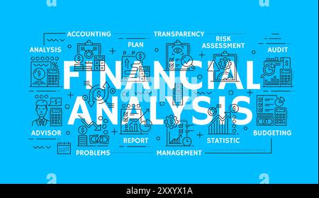 Financial analysis banner with line icons of finance audit, banking and accounting, vector background. Tax revenue and financial statistic charts on money management and budget or payment transparency Stock Vector