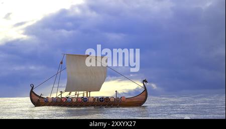 Viking ship longship 3D render image side view rowing vikings on a sailing ship Stock Photo