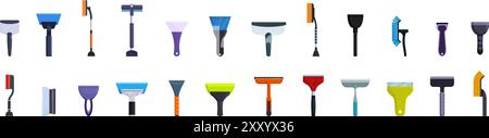 Scraper cleaning car icons set. Set of car ice scrapers in different shapes and sizes, perfect for removing ice and snow from windshields Stock Vector