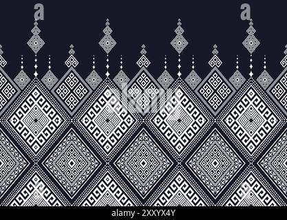 Whited diamond-shaped geometric ethnic seamless pattern on black. Designed for fabric textures, textile prints, pillowcases, and other digital prints. Stock Vector