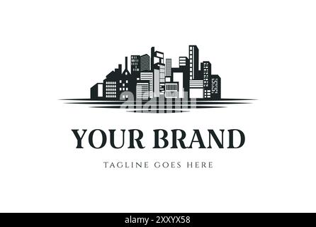 Urban City Skyline with Lake River Creek or Beach for Apartment Real Estate Logo Design Vector Stock Vector