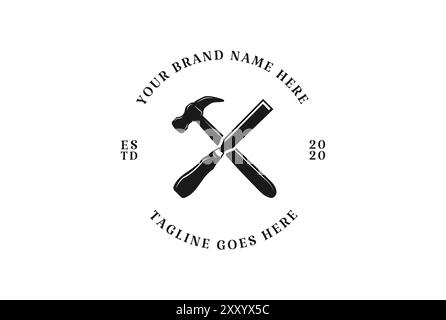 Rustic Crossed Hammer and Chisel for Carpenter or Woodworking Logo Design Vector Stock Vector