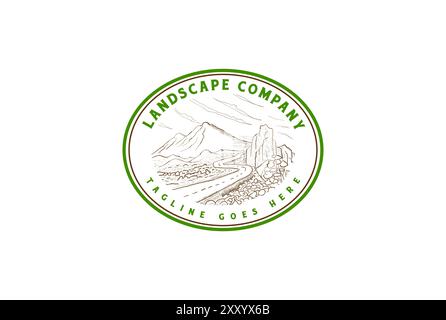 Retro Vintage Mountain Road Landscape with Canyon Valley and Trees Forest Badge Emblem Label Logo Design Vector Stock Vector
