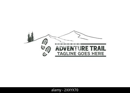 Mountain Pine Evergreen Spruce Conifer Fir Larch Cypress Tree with Shoe Print for Hiking Camp Adventure Logo Design Stock Vector