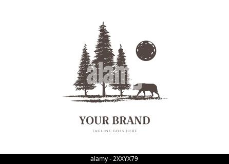 Sunset Pine Cedar Spruce Fir Trees with Wolf for Wilderness Adventure Logo Design Vector Stock Vector