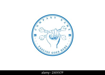Vintage Retro Hand Hold Wrench for Custom Car Machine or Garage Service Logo Design Stock Vector