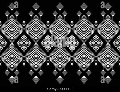 Whited diamond-shaped geometric ethnic seamless pattern on black. Designed for fabric textures, textile prints, pillowcases, and other digital prints. Stock Vector