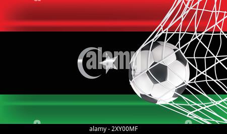 Soccer or Football ball in Goal Net Isolated on Libya Shaded Flag, Sports Accessory Equipment for Playing Game, Championship and Competition Design Stock Vector