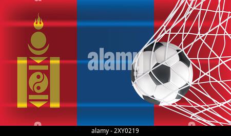 Soccer or Football ball in Goal Net Isolated on Mongolia Shaded Flag, Sports Accessory Equipment for Playing Game, Championship and Competition Design Stock Vector
