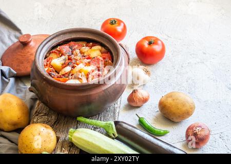 Mixed vegetable dish cooked in earthen casserole, traditional turkish food Stock Photo