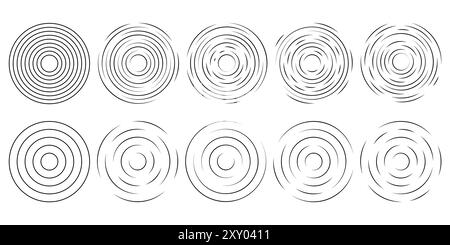 Set of circular ripple icons. Concentric circles with broken lines isolated on white background. Vortex, sonar wave, soundwave, sunburst, signal signs Stock Vector