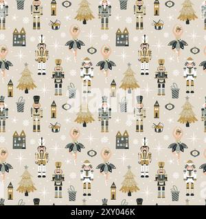Seamless Christmas Pattern with Nutcrackers ballerina in Vector on beige. Stock Vector