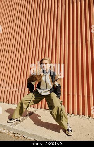 Leaning Against Corrugated Metal Wall in Stylish Outfit Stock Photo