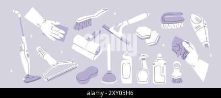 Cleaning kit with cleaning products, rags Stock Vector