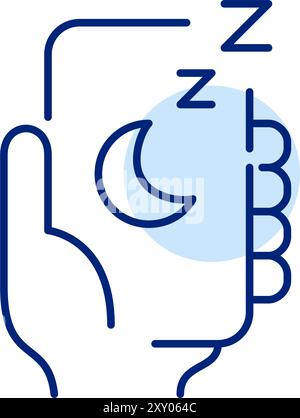 Hand holding smartphone with moon and zz sleep symbols. Quiet night mode, dark color scheme. Pixel perfect, editable stroke icon Stock Vector