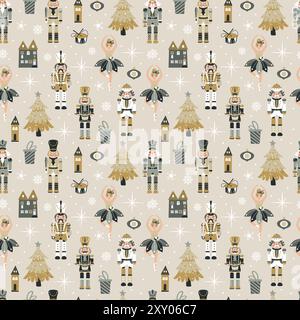 Seamless Christmas Pattern with Nutcrackers ballerina in Vector on beige. Stock Vector