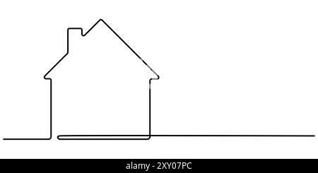 Continuous thin line home vector illustration, minimalist house icon. One line art cottage building Stock Vector