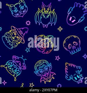Seamless pattern with characters in doodle style on the theme of the Halloween holiday. Gradient colors. Stock Vector