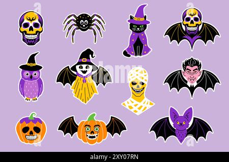 Set of stickers in cartoon style on the theme of the Halloween holiday. Stock Vector