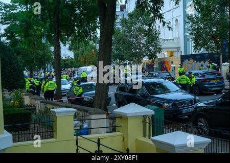 London, UK. 26th Aug, 2024. Police corden off area of residential street after a man sprayed acid in another man's face. Eight people were stabbed and police made 334 arrests. 50 officers were injured during the event Credit: Mary-Lu Bakker/Alamy Live News Credit: Mary-Lu Bakker/Alamy Live News Stock Photo