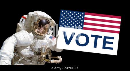 Astronaut in space holding a sign VOTE, US presidential election 2024 - elements of this image are provided by NASA Stock Photo
