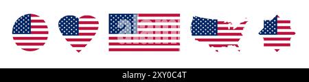 US Flag set of icons isolated on white background. 2024 American Presidential election buttons and stickers, USA national holidays,july 4, Veteran day Stock Photo