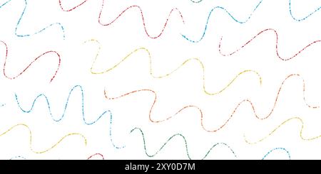 Colorful charcoal lines, waves, Thin childish hand drawn crayon strokes seamless pattern. Stock Vector