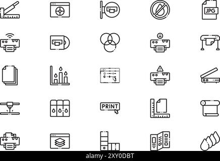 Printing icons collection is a vector illustration with editable stroke. Stock Vector