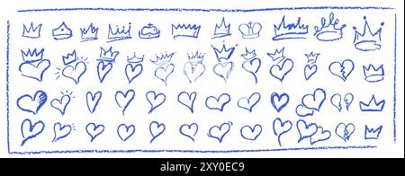 Set of children hand drawn crayon hearts and crowns. Collection of blue color pastel symbol of love and monarch status. Vector charcoal doodle shapes Stock Vector