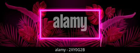 Summer beach night party dark banner template with tropical leaves and rectangular neon glowing frame with empty copy space. Palm tree and monstera foliage with pink fluorescent rectangle border. Stock Vector