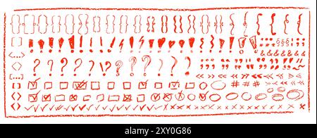Set of children hand drawn crayon text symbols. Collection of red color pastel symbol brackets, question, circles, exclamation etc. Vector charcoal Stock Vector