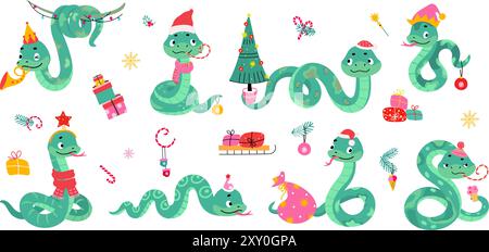 Cartoon christmas snakes. Cute snake with xmas gifts, fir tree, decorative elements. Animals in new year costumes, santa hats, nowaday vector set Stock Vector