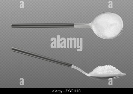 Realistic salt crystal powder in spoon top and side view on transparent background. 3d vector illustration set of crushed seasoning granules of white spicy natural mineral grain in kitchenware. Stock Vector