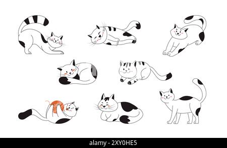 Cute smile cats playing, stretching, sitting, lying, relaxing. Funny purebred kittens in different poses. Pet animals set hand drawn Stock Vector