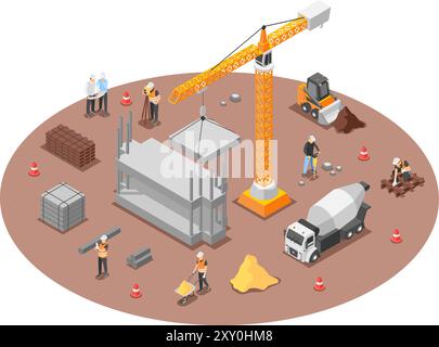 Isometric building construction. 3d scene of workers and special transport, bulldozer and truck crane. Build yard ground, flawless vector scene Stock Vector