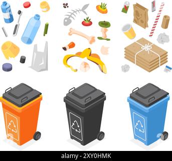 Isometric garbage trash cans. Waste bins and sorting garbage. Plastic glass paper and organic. Recycling, environmental care and support, flawless Stock Vector