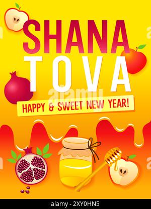 Shana Tova, Happy and sweet New Year - card with honey, apple and pomegranate. Rosh Hashanah concept with honey melting, vector design Stock Vector