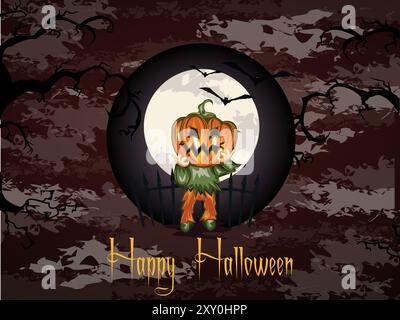 A pumpkin with a scary face is holding a sign that says Happy Halloween. The pumpkin is surrounded by trees and a fence Stock Vector