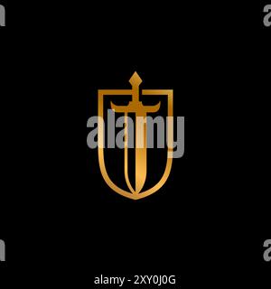 Sword Shield Logo Design With Gold Color Stock Vector