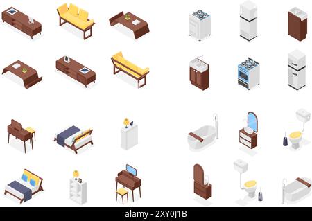 Isometric house apartment 3d furniture. Kitchen bathroom living room and bed room interior elements. Sofa bed fridge table bath, flawless vector set Stock Vector