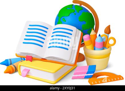 Education 3d concept. Open book, glass with stationery and globe. Realistic school tools icons, college lesson. Educational pithy vector scene Stock Vector