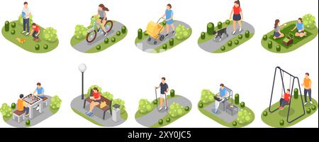 Isometric people in city park. Person outdoor rest, walking dog, ride bicycle and eating. Girl reading on bench, man working, flawless vector scenes Stock Vector