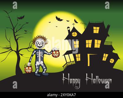 A skeleton is holding two pumpkin baskets and is standing in front of a house. The house is dark and has a creepy vibe. The image is a Halloween-theme Stock Vector