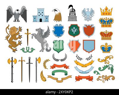 Heraldic. Badges set with traditional luxury elements dragon lions ribbons shields and weapons recent vector business identity set Stock Vector