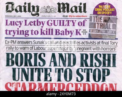 Front cover of the Daily Mail newspaper published on July 3, 2024, the day before the UK General Election. The newspaper was first published in 1896. Stock Photo